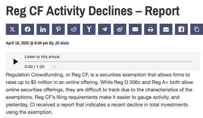 Reg CF Activity Declines – Report